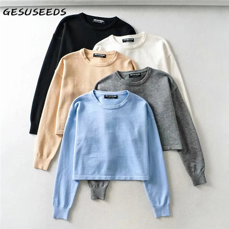 

2021 Woman sweater casual knitted pullover long sleeve korean cropped sweater basic loose sweater white o neck pullover women