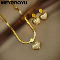 meyrroyu pearl love heart necklaces earrings womens 316l stainless steel vintage fashion jewelry set 2021 trendy party gift