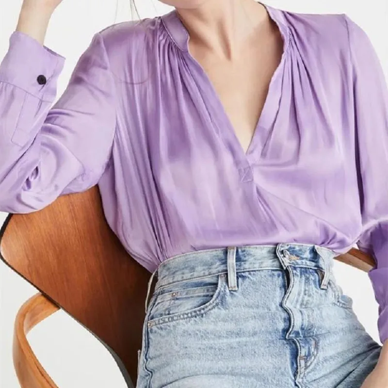 Women Blouse V-Neck Long Sleeve Simple Loose and Causal Top and Shirt Spring Summer 2021 Ol Office Ladies Solid Color Shirts