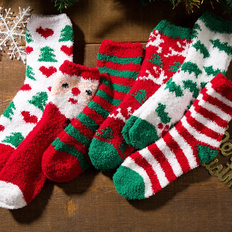 

6 Styles Coral Fleece Christmas Socks Women Winter Thick Cartoon Embroidery Landing Xmas Socks Santa Claus warm socks