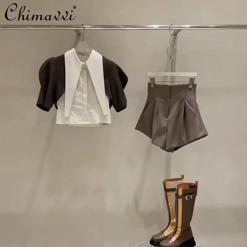 

2021 Summer New Fashion Pointed Collar Color Contrast Puff Sleeve Shirt High Waist A- Line Casual Shorts Two-Piece Set for Women