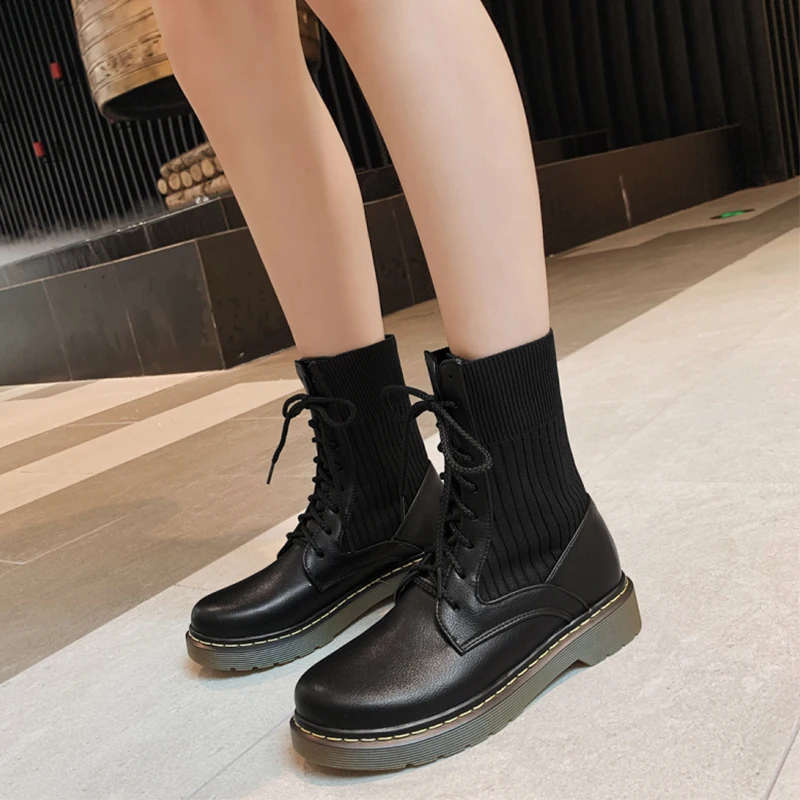 Lucyever/женские армейские ботинки Черные кожаные ботильоны для женщин Сезон