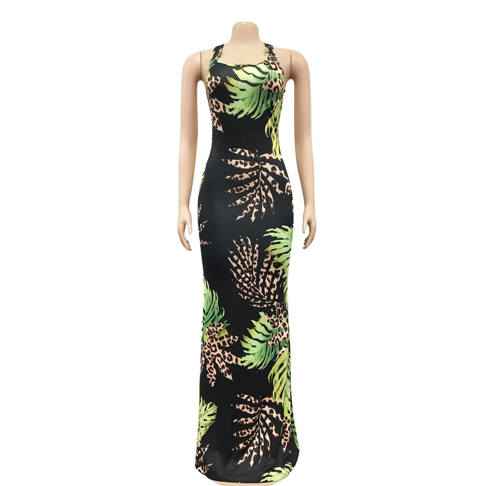 

Leopard Leaves Printed Sexy Long Mermaid Dress Women Elegant Low Neck Sleeveless Night Club Dresses Vintage Open Back Robe Femme