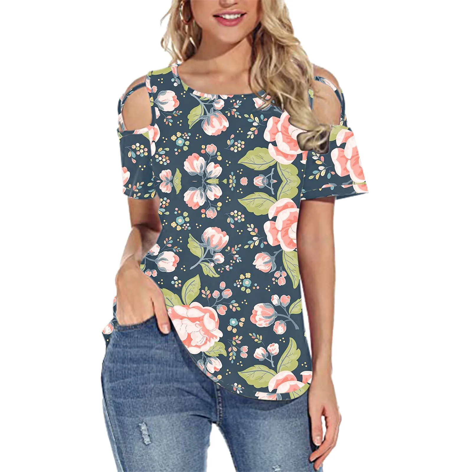 

Printed Plus Size Tshirts Women Floral Printe Short Sleeve Strappy Cold Shoulder T-Shirt Tops Blouses Female Summer Clothes