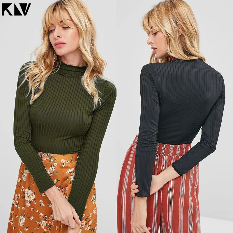 2019 Women Long Sleeve Turtleneck Sweater Ribbed Knit Vertical Stripes Sexy Slim Fitted Top Solid Casual Basic Streetwear | Женская