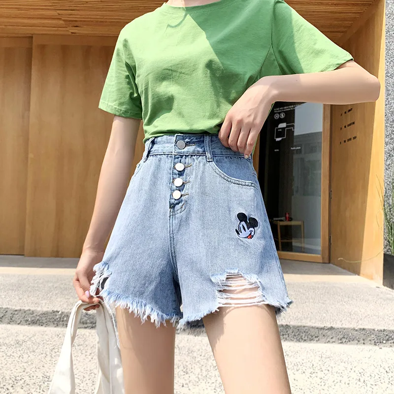 

2021 New Embroidered Pants Denim Shorts Women's Hole High Waist Wide Leg Hot Pants