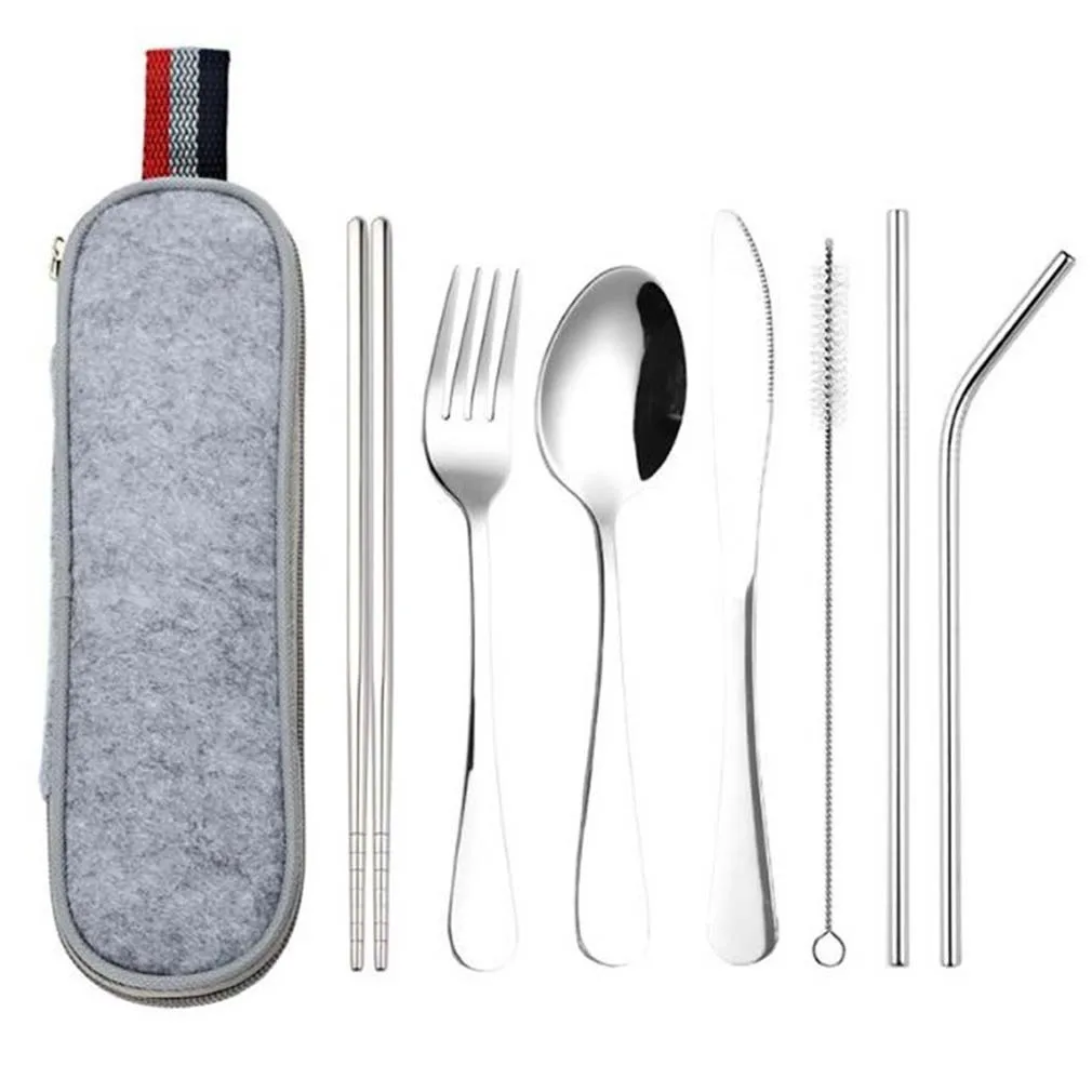

7pc Portable Travel Lunch Dinnerware set Stainless Steel Cutlery Spoon Fork chopsticks Dining Tableware Outdoor Camping picnic