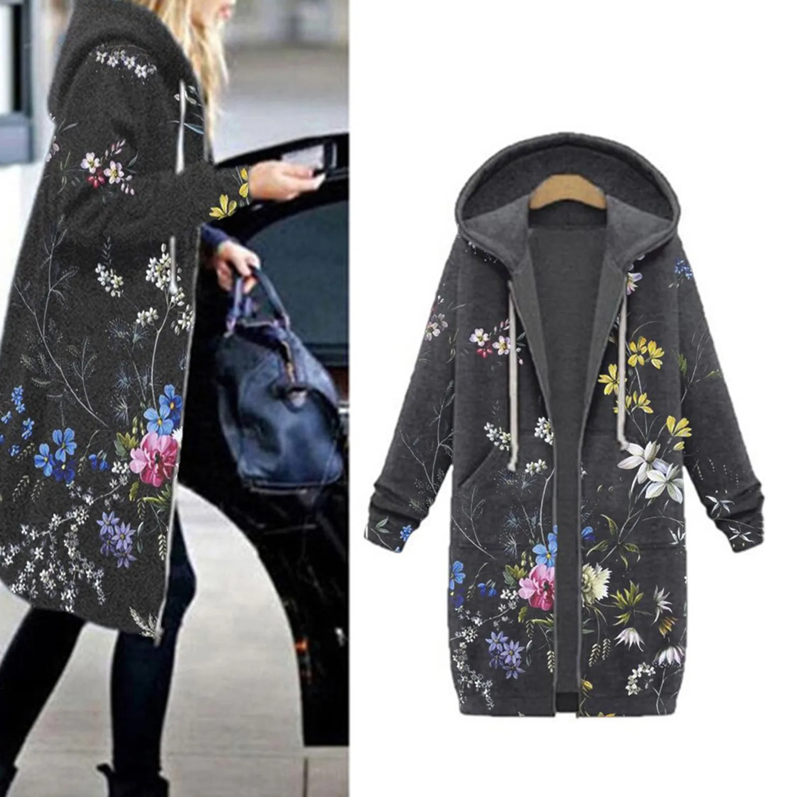 

2020Vintage Jacket Women Winter Warm Hoodie Floral Print Zipper Cotton Blend