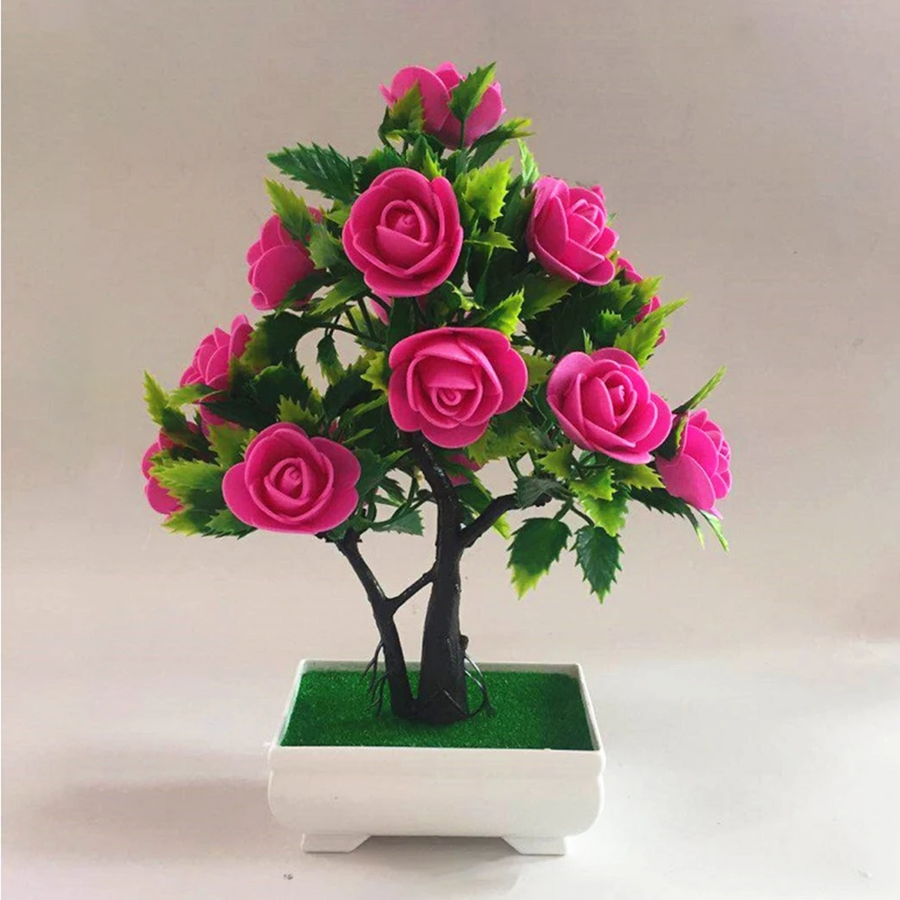 

Colorful Artificial Potted Plant Fake Flower Rose Red/purple/pink/yellow/blue For Home Office Desktop Decoration