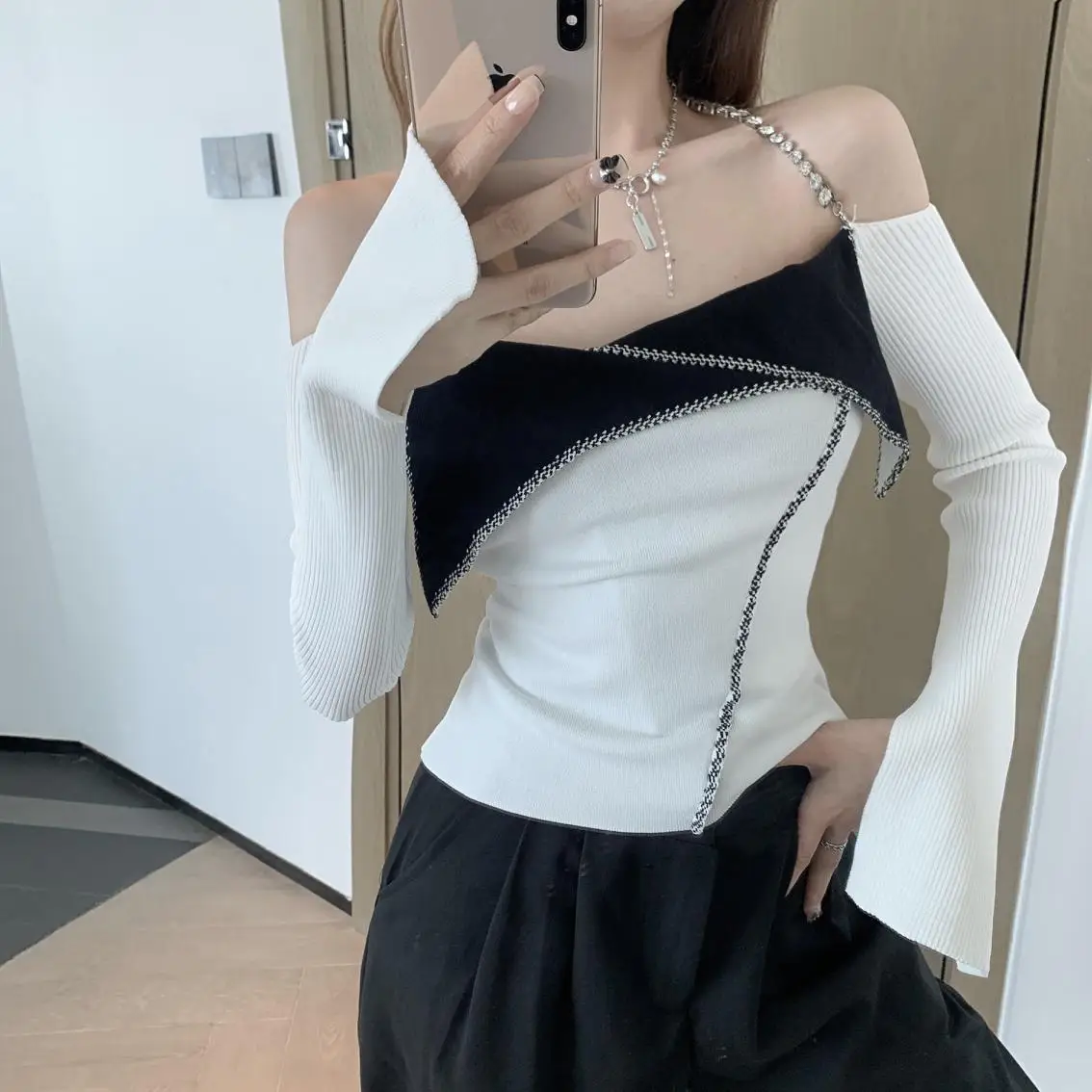 Early Spring Women's High Street Beading Chain Strap Splicing Knitting Tops Camis YOU173