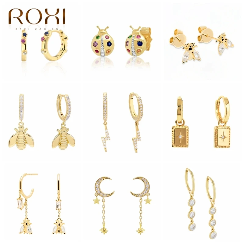 

ROXI Copper Insects Stars Moon Gold Earrings For Women Pendientes Piercing Hoop Earrings For Girl Unique Party Fine Jewelry Gift