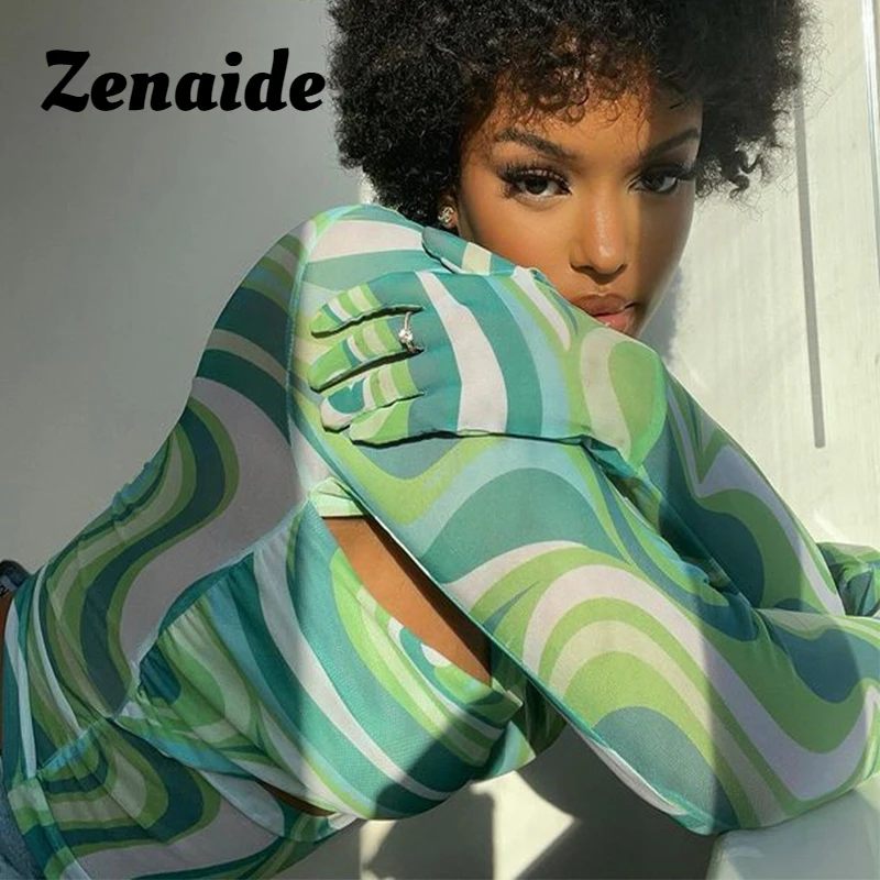

Zenaide Tie Dye Sexy T Shirt Long Sleeve Bandage Criss Cross Fashion Vintage Women Club Outfits with Gloves Green Mesh Top
