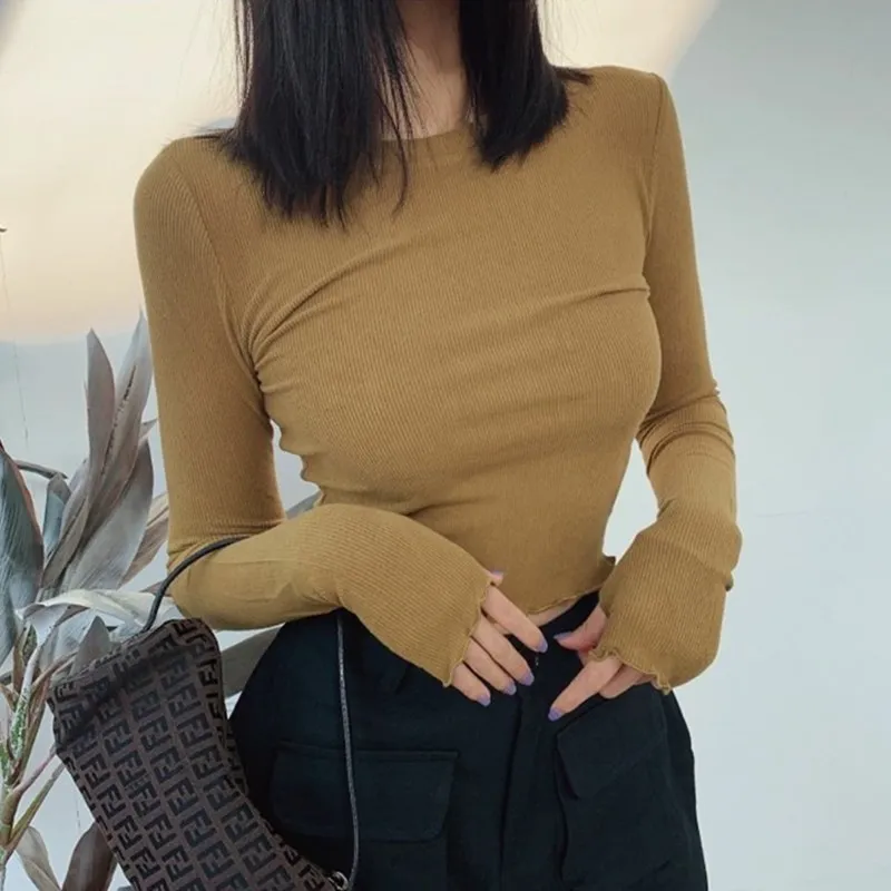 

Round neck long-sleeved t-shirt women's autumn and winter new ins fashion stretch tight sexy top short crop top bottoming shirt