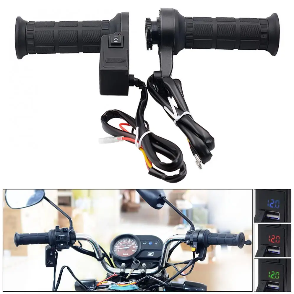 

1 Pair 12V 26W Motorcycle Universal Adjustable Temperature Electric Heated Handle with Accelerator Cards Pieces and Voltmeter