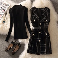 vintage mid length plaid tweed vest jacket women 2 piece set elegant pearl button belted unlined waistcoat and knitted sweater