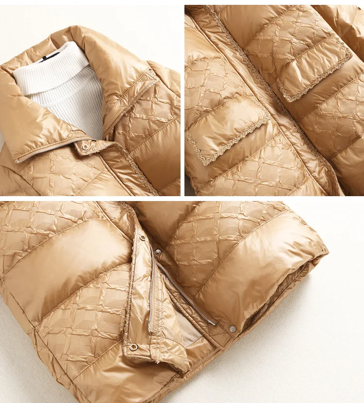 

Autumn Fashion 2021 Stand Collar and Winter New Warm Long Coat 90% White Duck Zipper Thin Down Jacket Women