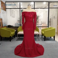 2022 red lace mermaid evening dresses long sleeves off the shoulder sequin formal dresses for wedding party robes de soir%c3%a9e