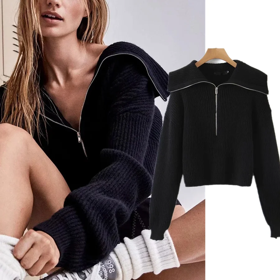 

Withered Winter Sweaters Women Pull Femme England High Street Vintage Turn-Down Collar Zipper Sexy Sweaters Women Pullovers Tops