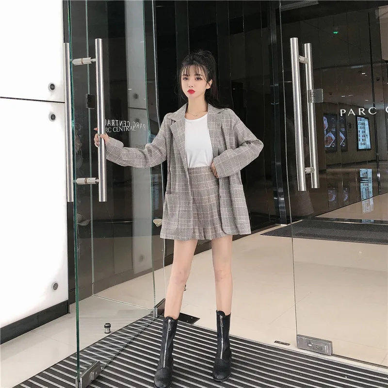 Женский костюм наборы 2019 новый осенний Повседневный в клетку Длинные рукава