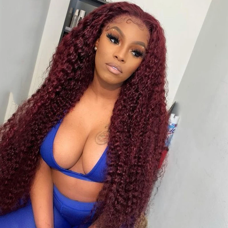 

Middle Part 26Inch Long Burgundy180%Density Preplucked Kinky Curly Lace Front Synthetic Wig for Black Women 99j BabyHair Cosplay