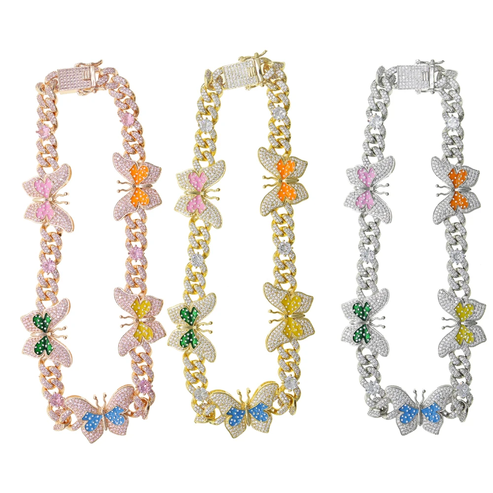 

Iced out Multi color Enamel CZ Butterfly Necklace 12mm Iced Out Bling Miami Cuban Chain Butterfly Choker Hip hop Women Jewelry