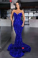 spaghetti straps sweeteart mermaid royal blue prom dress backless sequins velvet long stretchy evening party gown