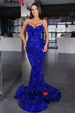 Robe de soirée longue et extensible en velours, tenue de bal sirène à bretelles Spaghetti, dos nu, paillettes, bleu Royal  (1)