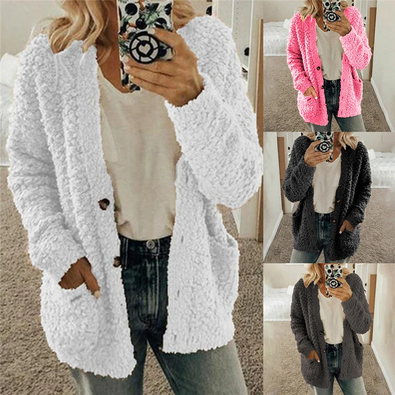 

Autumn / Winter 2021 Women's Wool Coat Coat Women's Warm Soft Button Fur Jacket Women's Coat Pocket Casual Teddy Coat