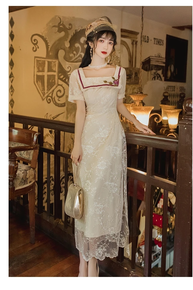 

COIGARSAM Cheongsam Lace Women dress Square Collar Dresses Apricot 8921