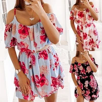 summer sexy sling floral print off shoulder midi waist chiffon dress mini dress