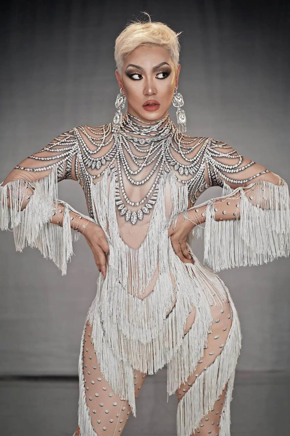 Белый кисточкой комбинезон для женщин ночного клуба одежда сцены танцевальная