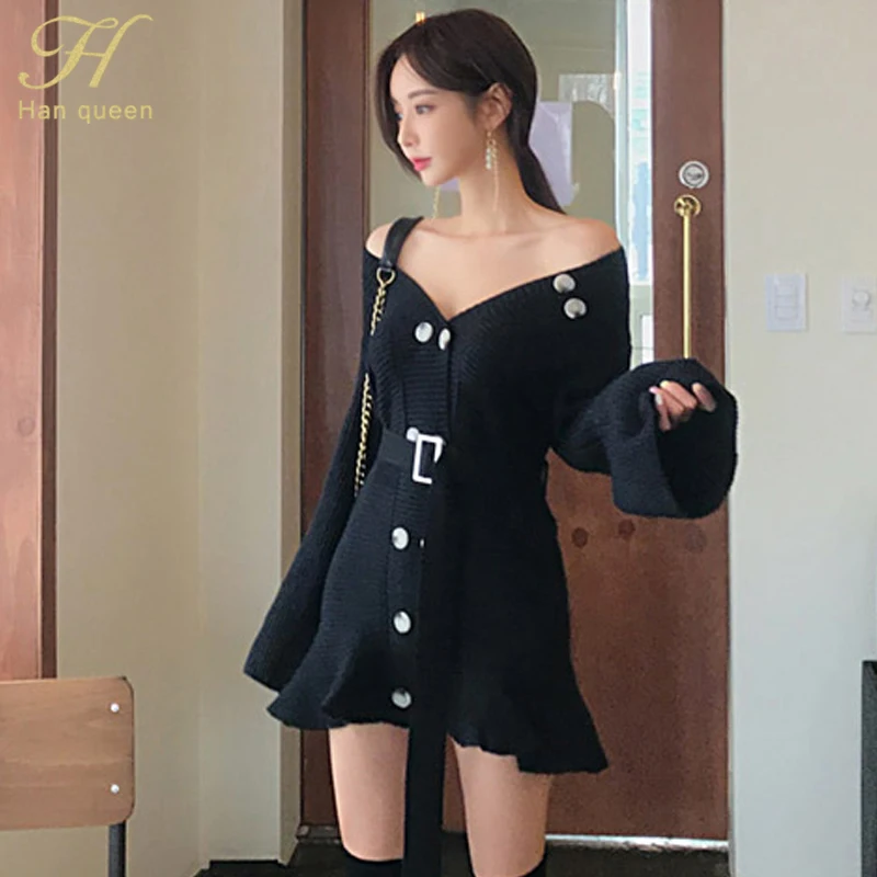 H Han queen элегантные двубортные Расклешенные платья для женщин зимние OL корейский стиль ремень свитер платье сексуальное v-образным вырезом джемпер Vestidos
