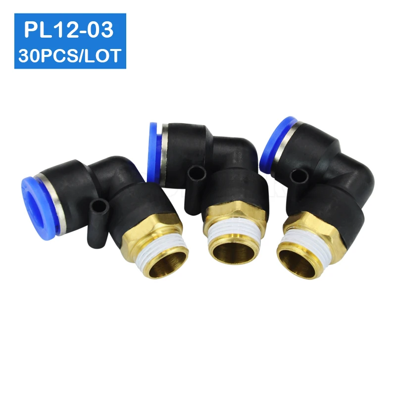 

HIGH QUALITY 30 Pcs of PL12-03, L Shaped PT 3/8" Male Threaded to 12mm Tubing Pneumatic Quick Fitting