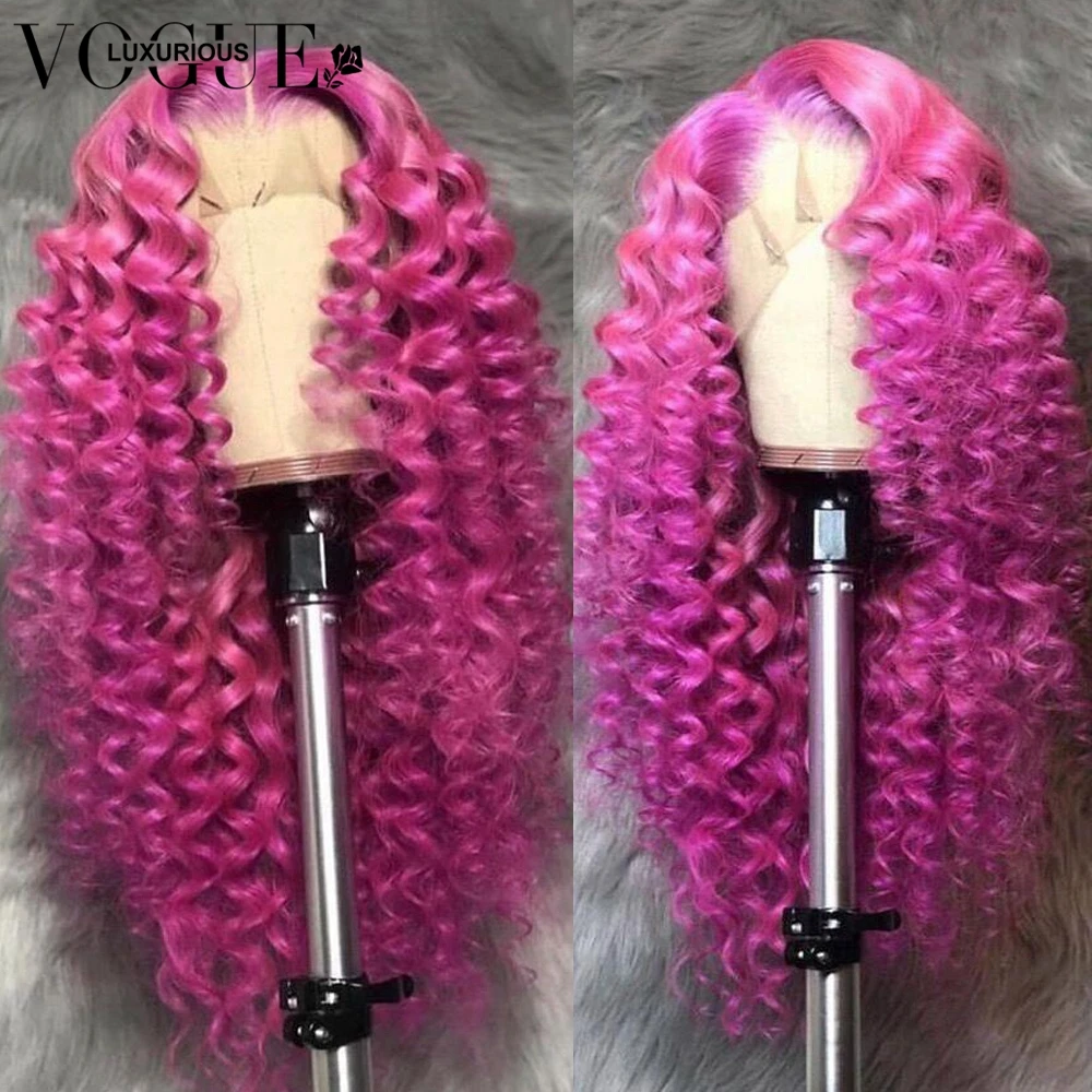 Парик из натуральных вьющихся человеческих волос ярко-розового цвета прозрачные