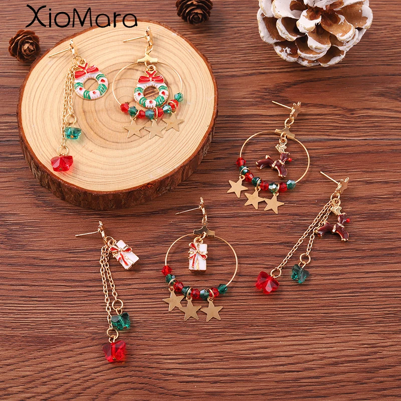 

Cute Christmas Elk Asymmetry Earrings Long Dangle Circle For Women Star Beaded Pendant Christmas Party Girls