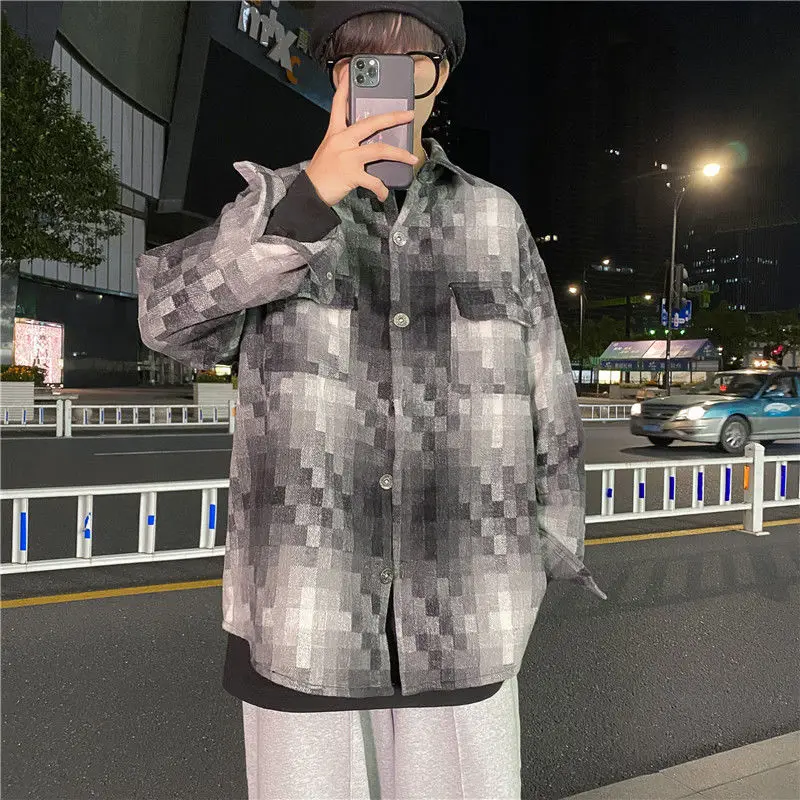 

Autumn Woolen Shirt Men's Fashion Retro Casual Plaid Shirt Men Streetwear Korean Loose Long-sleeved Shirts Mens Woolen Jacket