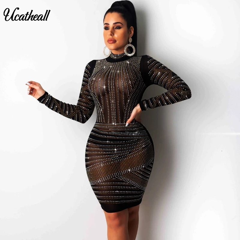 

Sparkly Hot Drilling Sheer Mesh Sexy Night Club Mini Dress Mock Neck Long Sleeve Bodycon Party Dresses Women Fashion Outfits