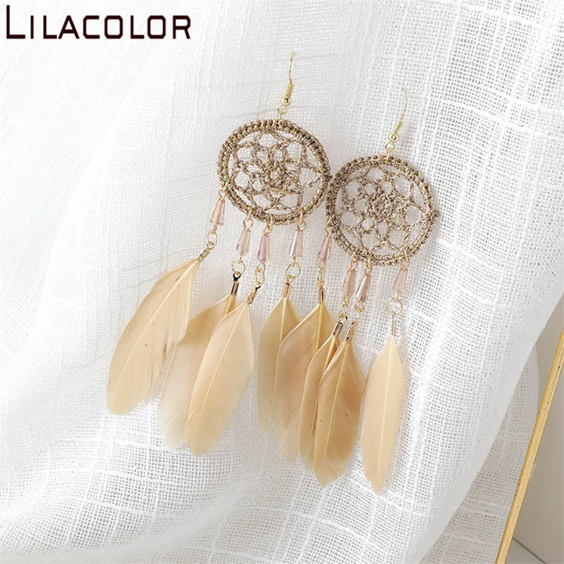 Lilacolor Ловец снов перья Женские Висячие серьги Boho Kahki розовый зеленый для девушек