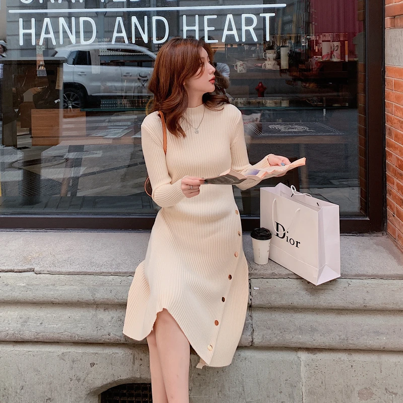 

Korean 2020 Winter New Women'S Pure Color All-Match Waist High Neck Knitted Bottoming Dress Gold Button Elegant Dresses Women