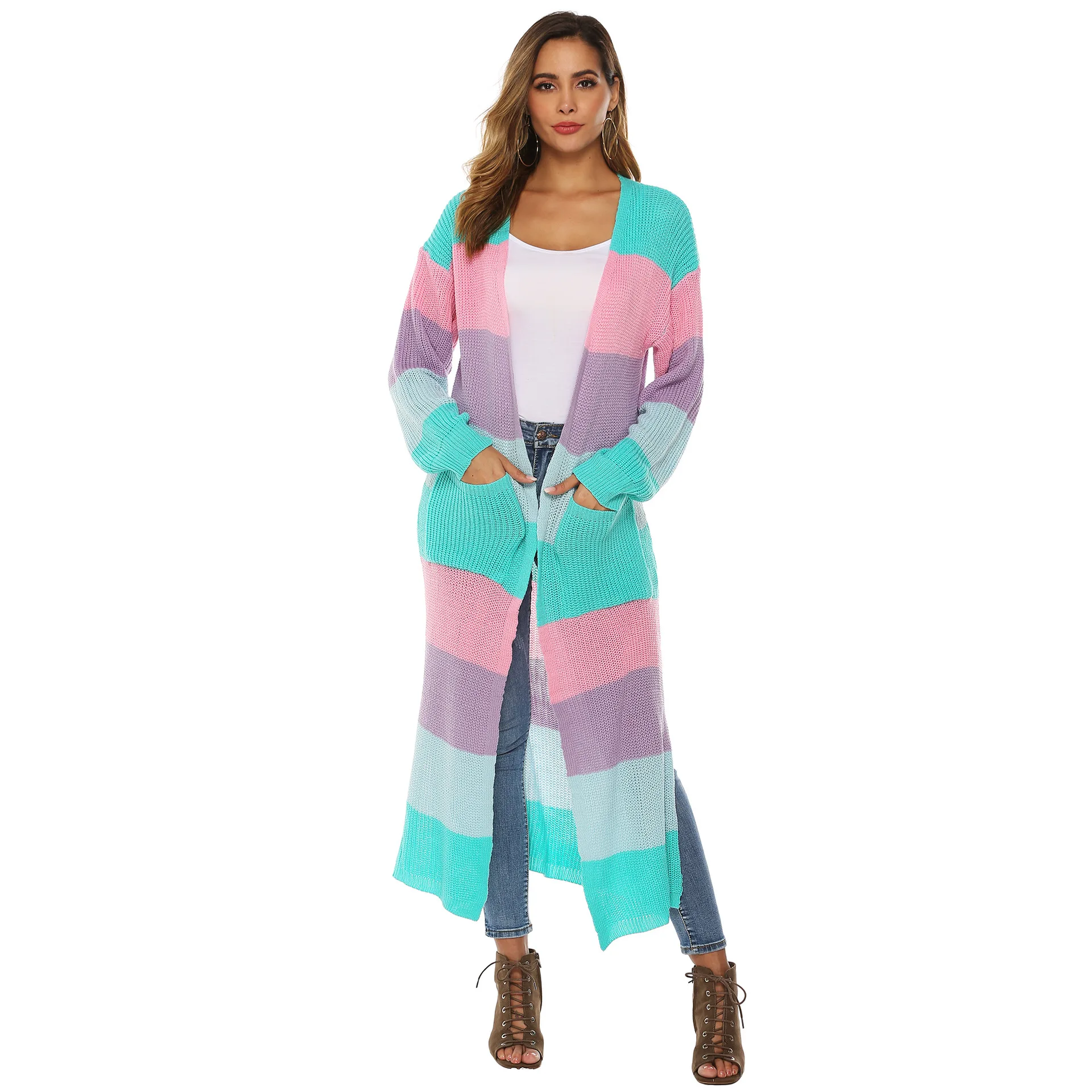 

Splicing color stripes split large pocket long coat thickened sweater