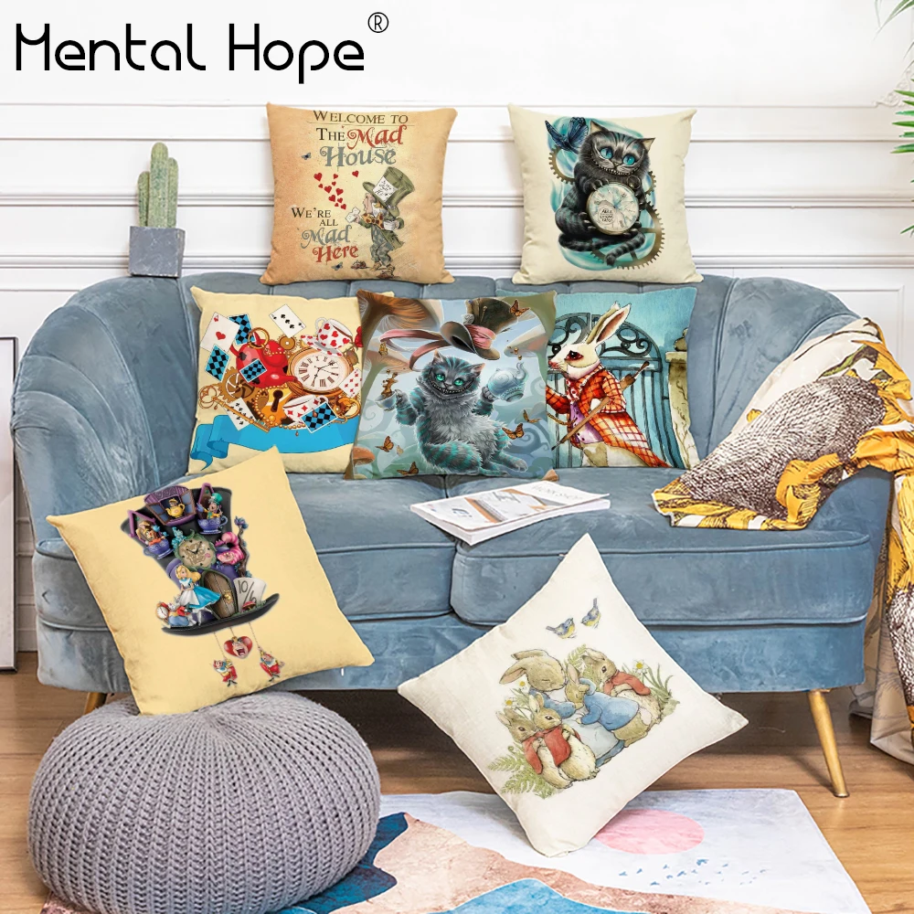 Декоративная наволочка с принтом Алисы милый кролик кошка диванная винтажный
