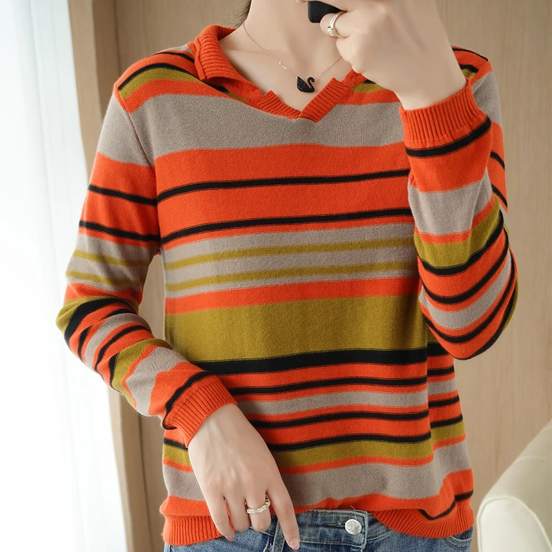 

100% Cotton Striped Plus Size Knit Sweater Women's V-Neck Pullover Bottoming Pure Cotton Sweater Early Autumn New Autumn Clothes
