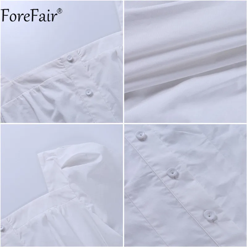 

Forefair Long Puff Sleeve Square Collar White Sexy Blouse Women Casual Spring Autumn Basic Black Fashion Tops Button Skinny 2020