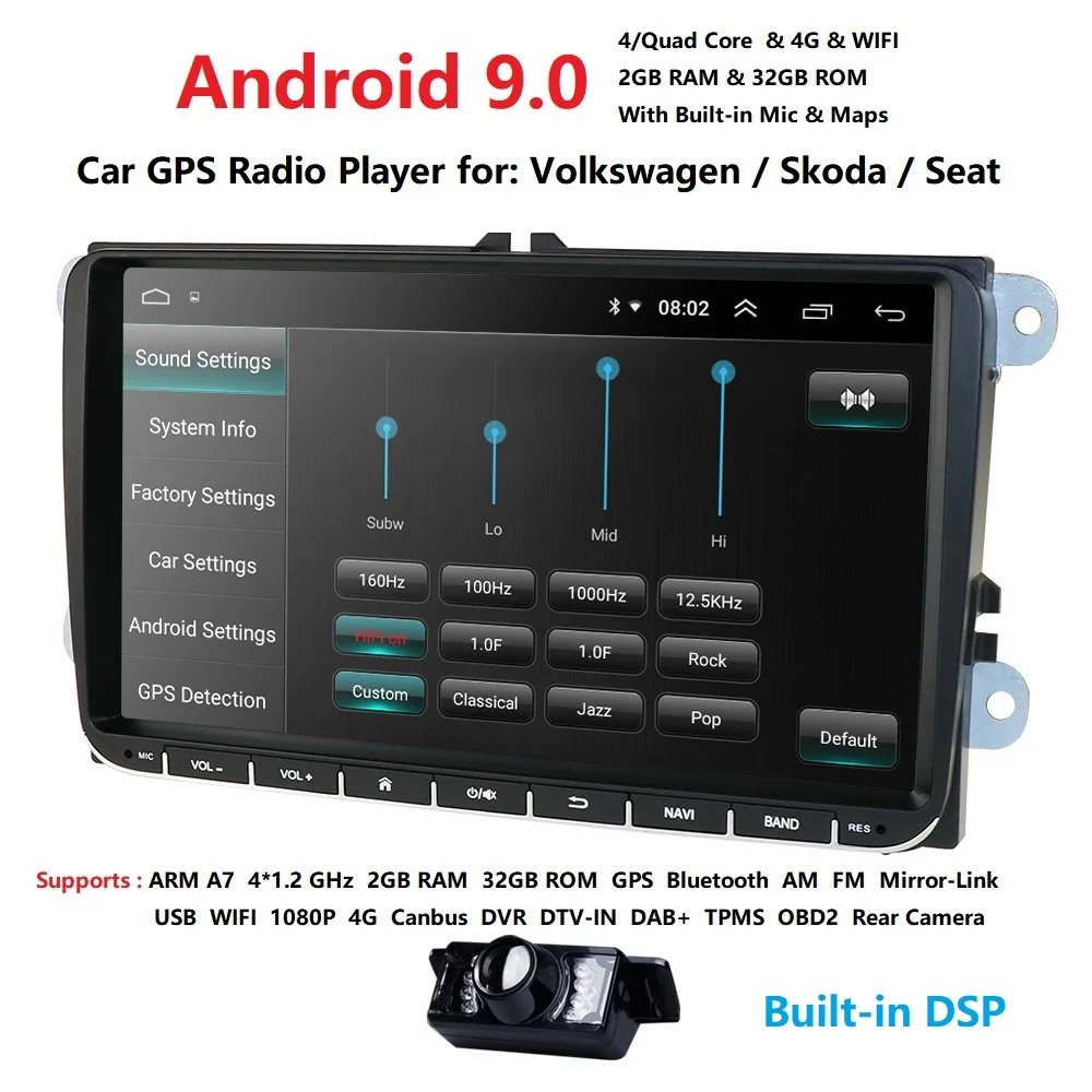 2Din автомобильный мультимедийный плеер 2G ram Android 9,0 gps для V W/Golf/Tiguan/Skoda/Fabia/Rapid/Seat/Leon/Skoda RDS стальное управление колесами