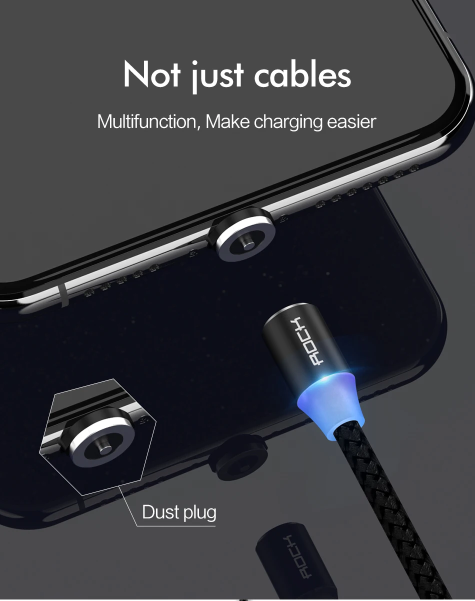 Магнитный кабель ROCK для быстрой зарядки с разъемом type-C Micro Usb для быстрой зарядки Usb C светодиодный светильник для iPhone Xiaomi huawei Phone 1 м магнитное зарядное устройство