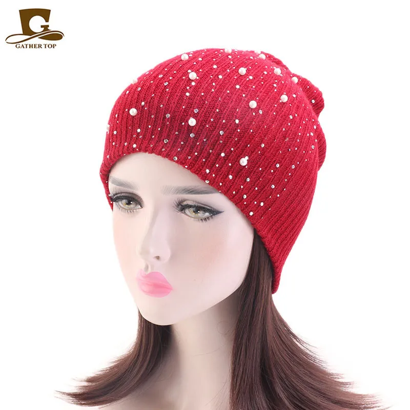Новинка зимние теплые вязаные шапки перламутровые вышитый бисером вязаная шапка