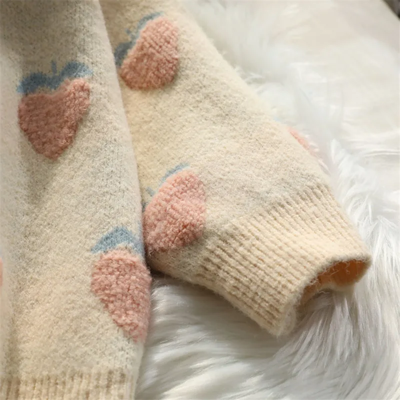 

Cute Strawberry Pattern V Neck Women Cardigan Loose Casual Knitted Warm Sweater Outwear Girls Streetwear Fall Top Cloth