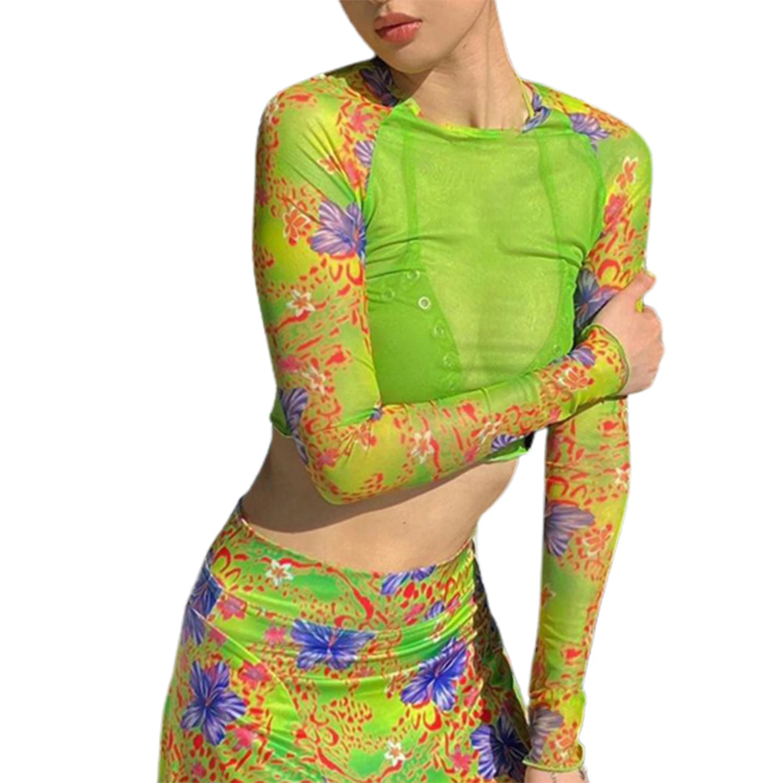 

Women’s Casual Long Sleeve T-shirt Fashion Mesh Yarn Printing Perspective Exposed Navel Tops