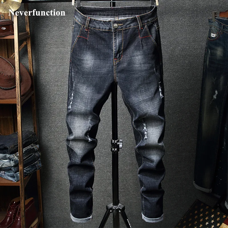 

2019 New Men Simple solid color Ripped Casual Jeans streetwear Fashion Stretch Slim fit Holes Cotton man Joggers Denim trousers