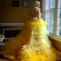 2021 yellow tiered prom dresses a line sexy deep v neck backless tulle party gowns robes de soiree formal plus size vestidos